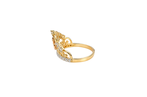 14KT Gold Ring Women's Tri Tone "15" Quinceanera Tiara with Five White CZ Stones White Gold Band Plain Band