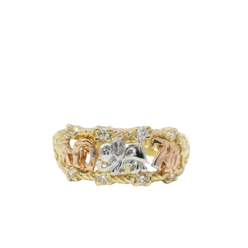 14KT Gold Ring Women's Tri Tone Good Luck Split Band with Four White CZ Stones Borders (Flower/ Horseshoe/ Elephant / Owl / Person / Flower / Eye/ 7 /Flower)