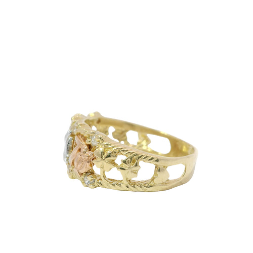14KT Gold Ring Women's Tri Tone Good Luck Split Band with Four White CZ Stones Borders (Flower/ Horseshoe/ Elephant / Owl / Person / Flower / Eye/ 7 /Flower)