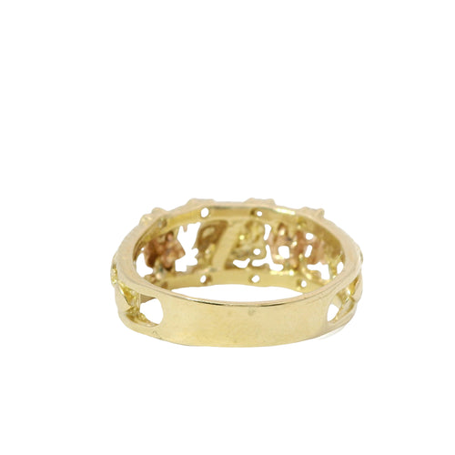 14KT Gold Ring Women's Tri Tone Good Luck Split Band with Four White CZ Stones Borders (Flower/ Horseshoe/ Elephant / Owl / Person / Flower / Eye/ 7 /Flower)