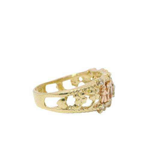 14KT Gold Ring Women's Tri Tone Good Luck Split Band with Four White CZ Stones Borders (Flower/ Horseshoe/ Elephant / Owl / Person / Flower / Eye/ 7 /Flower)