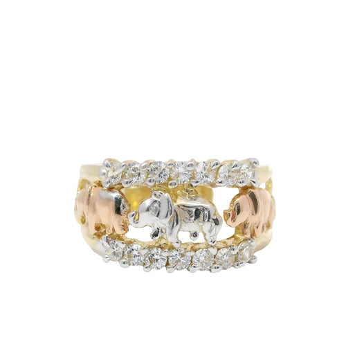 14KT Gold Ring Women's Tri Tone "Good Luck" Open Split Band with White CZ Stones Rope Border (2 Flowers/Man / Horseshoe/ Elephant/ 7/ Owl/ 2 Flowers)