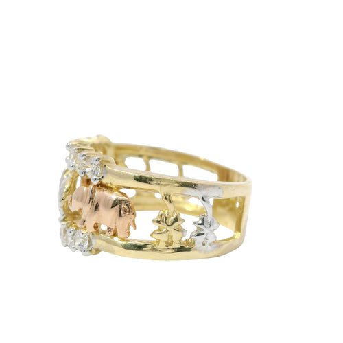 14KT Gold Ring Women's Tri Tone "Good Luck" Open Split Band with White CZ Stones Rope Border (2 Flowers/Man / Horseshoe/ Elephant/ 7/ Owl/ 2 Flowers)