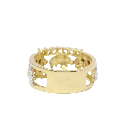 14KT Gold Ring Women's Tri Tone "Good Luck" Open Split Band with White CZ Stones Rope Border (2 Flowers/Man / Horseshoe/ Elephant/ 7/ Owl/ 2 Flowers)