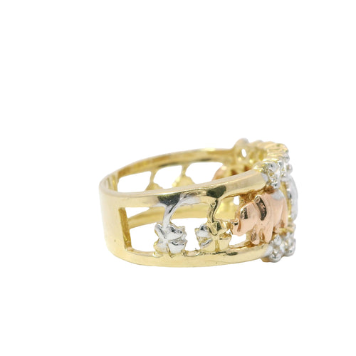 14KT Gold Ring Women's Tri Tone "Good Luck" Open Split Band with White CZ Stones Rope Border (2 Flowers/Man / Horseshoe/ Elephant/ 7/ Owl/ 2 Flowers)