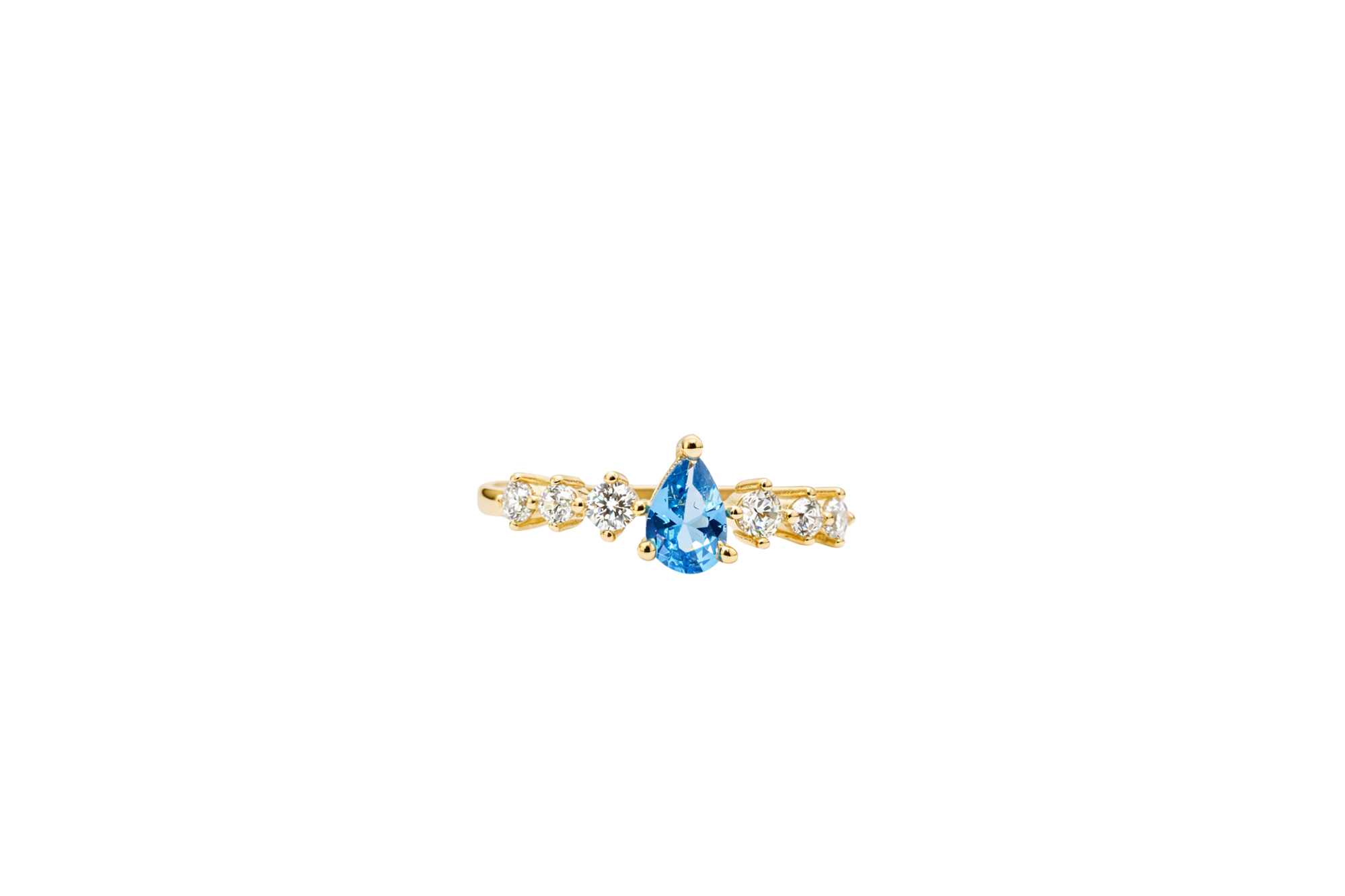 14KT Gold Ring Women's Turquoise Pear CZ Center 3 Round White CZ Stones Shoulders Plain Band