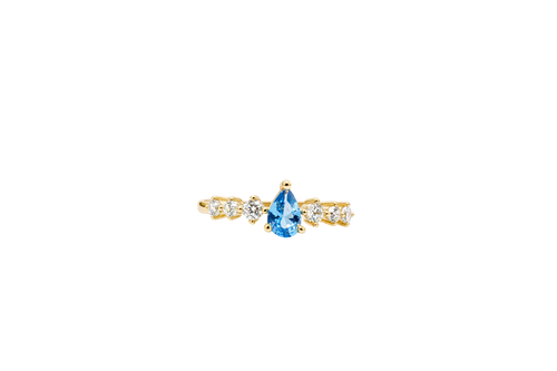14KT Gold Ring Women's Turquoise Pear CZ Center 3 Round White CZ Stones Shoulders Plain Band