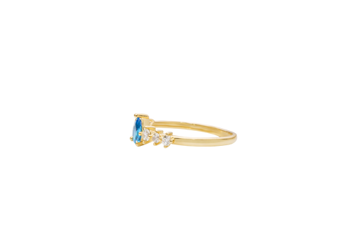 14KT Gold Ring Women's Turquoise Pear CZ Center 3 Round White CZ Stones Shoulders Plain Band