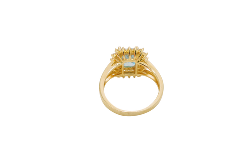 14KT Gold Ring Women's Rectangle Turquoise CZ Center with Round Double White CZ Stones Border and Plain Split Band