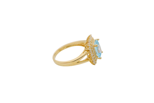 14KT Gold Ring Women's Rectangle Turquoise CZ Center with Round Double White CZ Stones Border and Plain Split Band