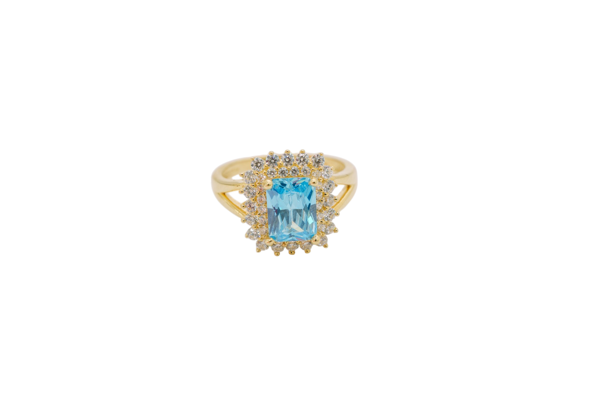 14KT Gold Ring Women's Rectangle Turquoise CZ Center with Round Double White CZ Stones Border and Plain Split Band