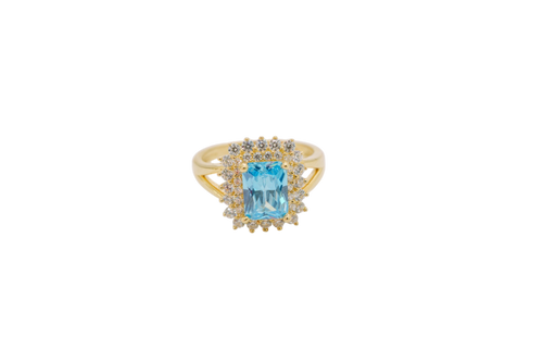 14KT Gold Ring Women's Rectangle Turquoise CZ Center with Round Double White CZ Stones Border and Plain Split Band