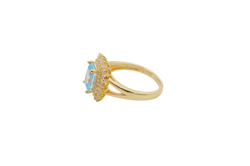 14KT Gold Ring Women's Rectangle Turquoise CZ Center with Round Double White CZ Stones Border and Plain Split Band