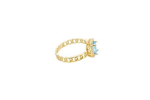14KT Gold Ring Women's Rectangle Turquoise Center with White CZ Stone Border Chino Link Band