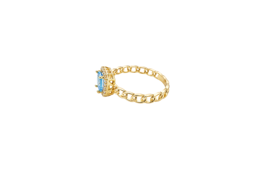 14KT Gold Ring Women's Rectangle Turquoise Center with White CZ Stone Border Chino Link Band
