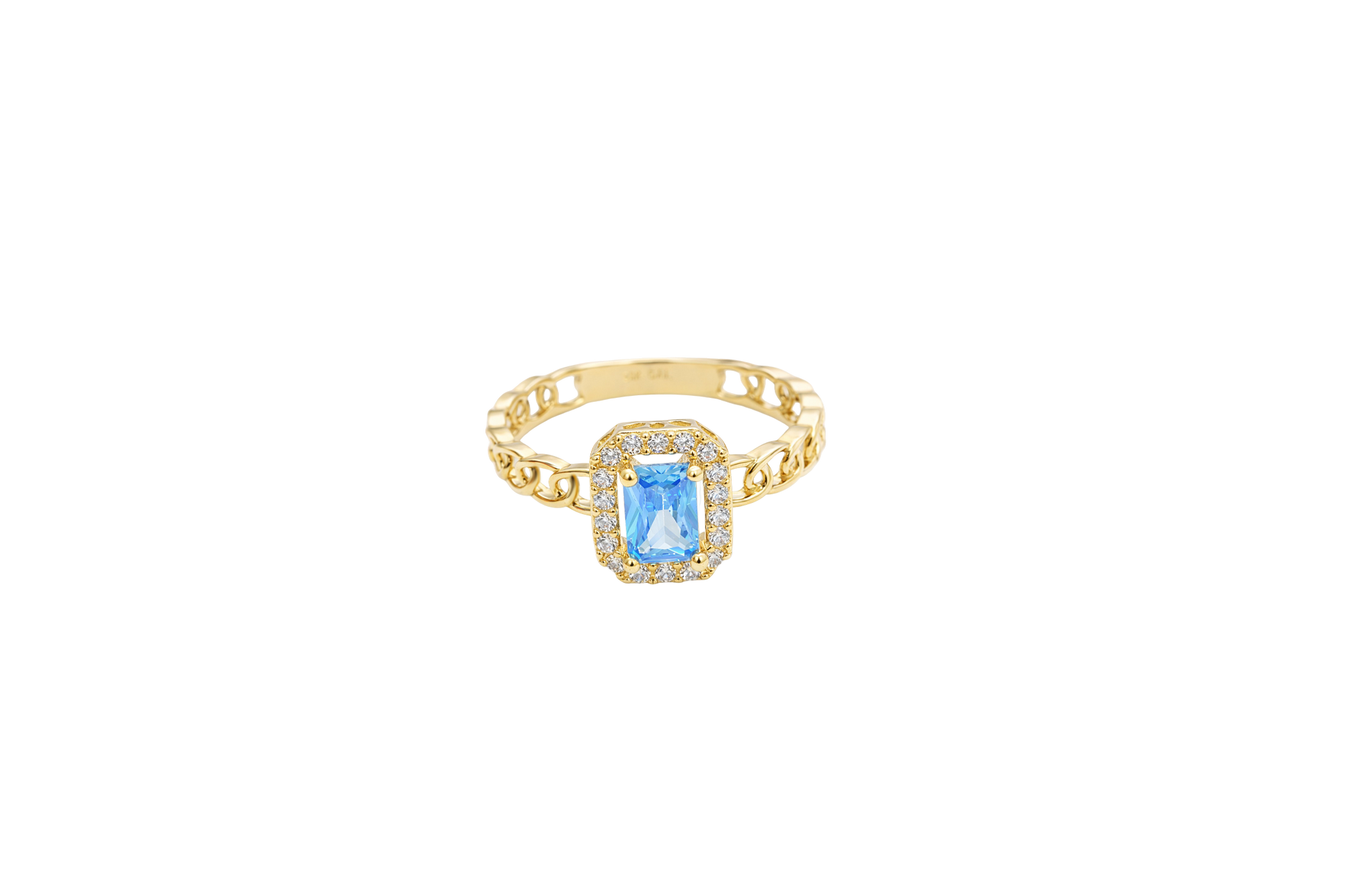 14KT Gold Ring Women's Rectangle Turquoise Center with White CZ Stone Border Chino Link Band