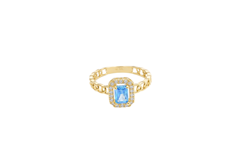 14KT Gold Ring Women's Rectangle Turquoise Center with White CZ Stone Border Chino Link Band