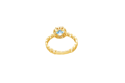 14KT Gold Ring Women's Round Turquoise Center with White CZ Stones Border Chino Link Band