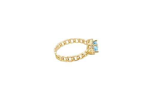 14KT Gold Ring Women's Round Turquoise Center with White CZ Stones Border Chino Link Band