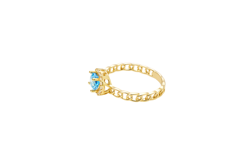 14KT Gold Ring Women's Round Turquoise Center with White CZ Stones Border Chino Link Band