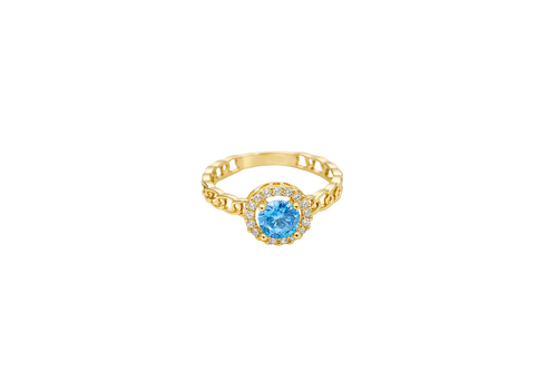 14KT Gold Ring Women's Round Turquoise Center with White CZ Stones Border Chino Link Band