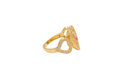 14KT Gold Ring Women's Two Tone "15" Quinceanera Open Basketball Heart Center Triple Open Hearts with Round White CZ Stones Border Plain Band