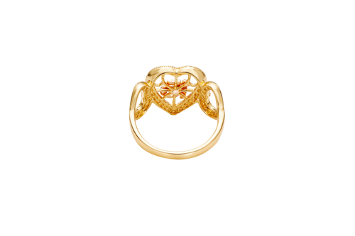 14KT Gold Ring Women's Two Tone "15" Quinceanera Open Basketball Heart Center Triple Open Hearts with Round White CZ Stones Border Plain Band