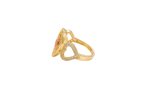 14KT Gold Ring Women's Two Tone "15" Quinceanera Open Basketball Heart Center Triple Open Hearts with Round White CZ Stones Border Plain Band