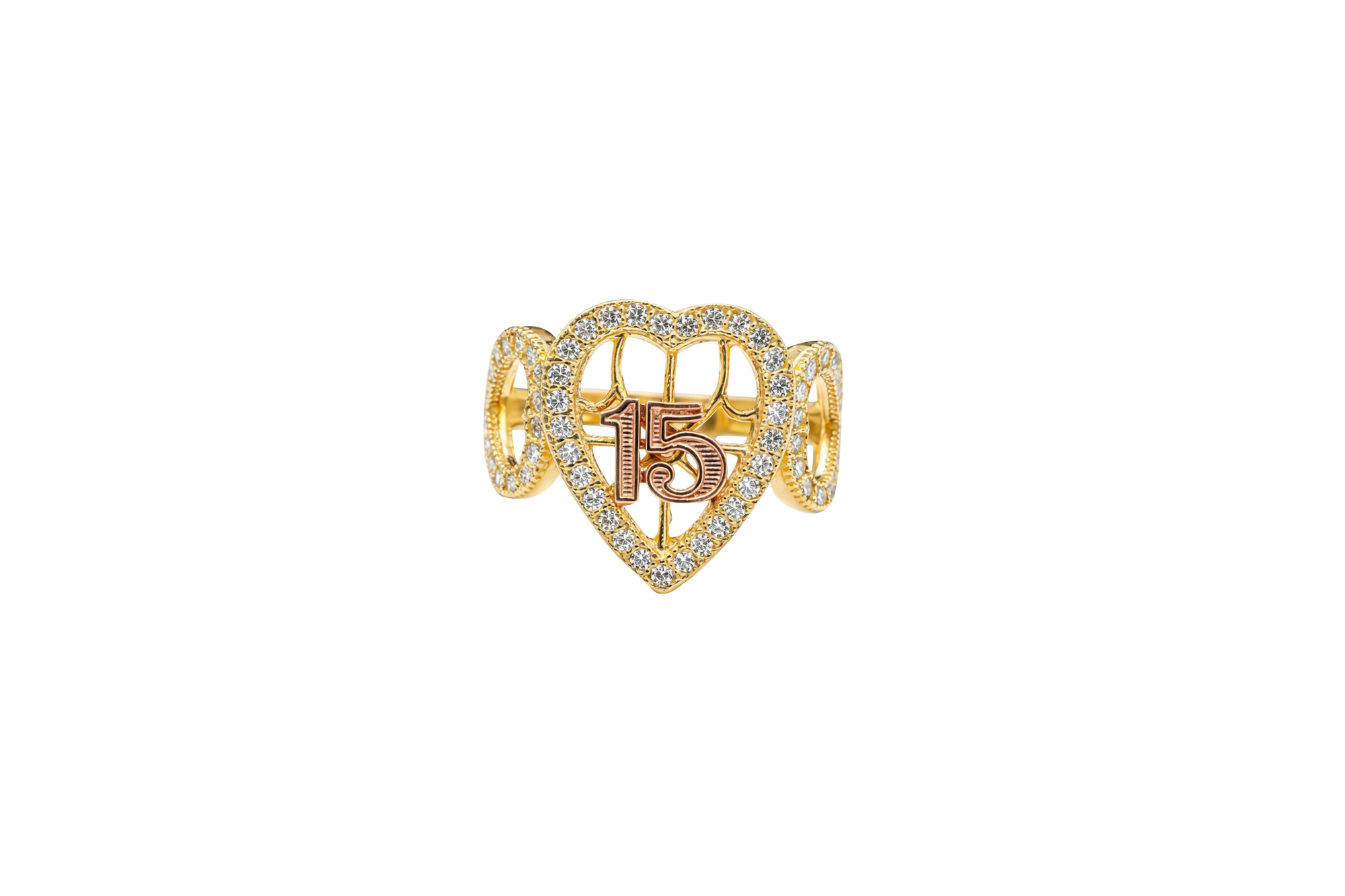 14KT Gold Ring Women's Two Tone "15" Quinceanera Open Basketball Heart Center Triple Open Hearts with Round White CZ Stones Border Plain Band