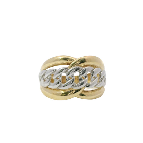 14KT Gold Ring Women's Two Tone Double Lasso / Miami Link Center Band Design