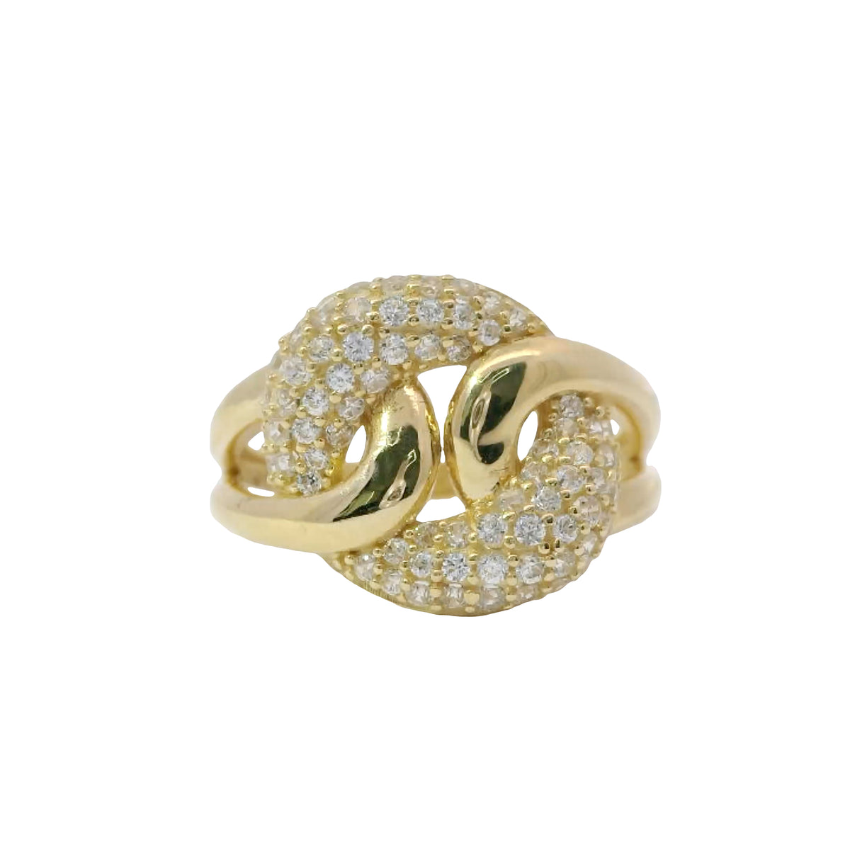 14KT Gold Ring Women's White CZ Stones Center Link with Plain Lasso Loops on Each Side
