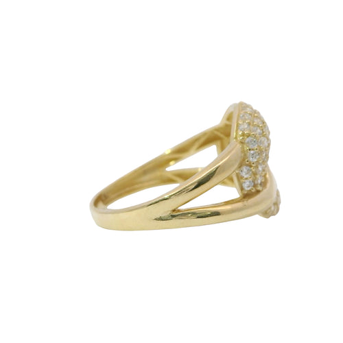 14KT Gold Ring Women's White CZ Stones Center Link with Plain Lasso Loops on Each Side