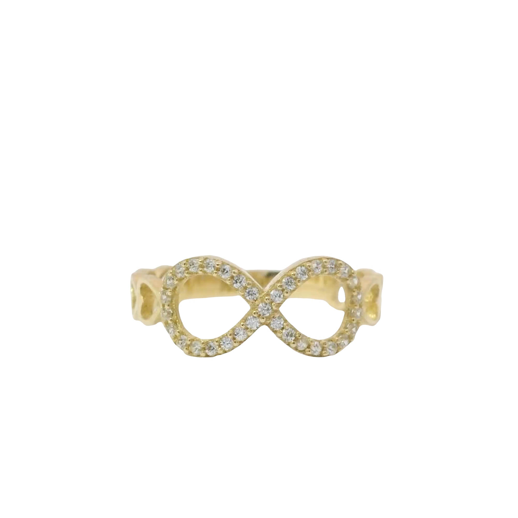 14KT Gold Ring Women's White CZ Stone Infinity Loop with Four Plain Open Hearts on Sides of Band