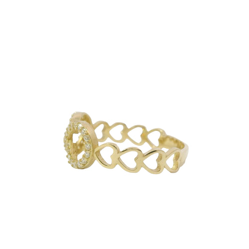 14KT Gold Ring Women's White CZ Stone Infinity Loop with Four Plain Open Hearts on Sides of Band