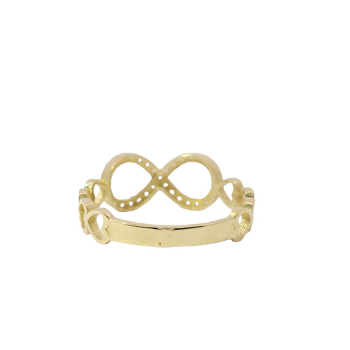 14KT Gold Ring Women's White CZ Stone Infinity Loop with Four Plain Open Hearts on Sides of Band