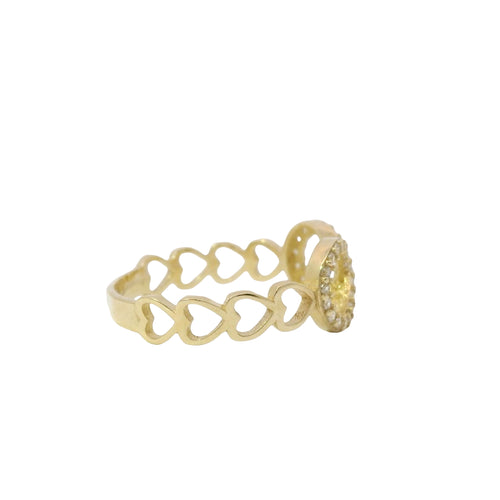 14KT Gold Ring Women's White CZ Stone Infinity Loop with Four Plain Open Hearts on Sides of Band