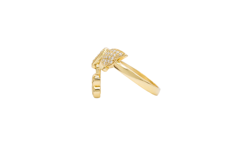 14KT Gold Ring Women's White CZ Stones Bow with Plain Border and Hanging Square Lock