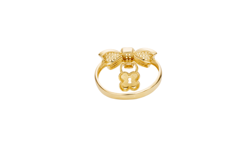 14KT Gold Ring Women's White CZ Stones Bow with Plain Border and Hanging Square Lock