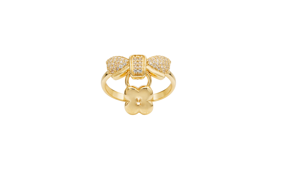 14KT Gold Ring Women's White CZ Stones Bow with Plain Border and Hanging Square Lock