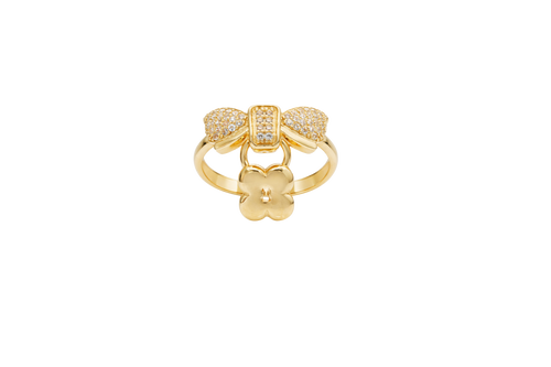 14KT Gold Ring Women's White CZ Stones Bow with Plain Border and Hanging Square Lock