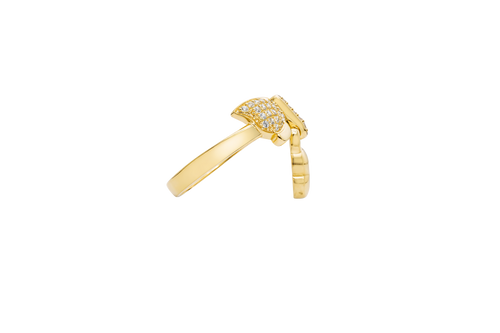 14KT Gold Ring Women's White CZ Stones Bow with Plain Border and Hanging Square Lock