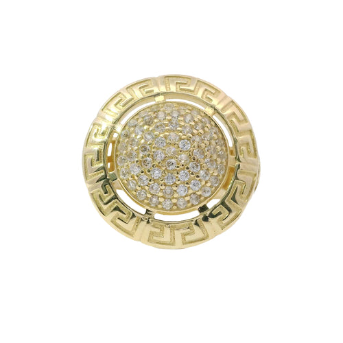 14KT Gold Ring Women's White CZ Stone Dome Center with Greek Border and Embossed Medusa on Side of Band