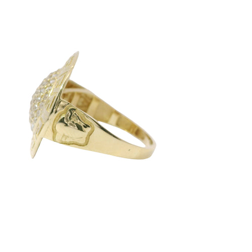14KT Gold Ring Women's White CZ Stone Dome Center with Greek Border and Embossed Medusa on Side of Band