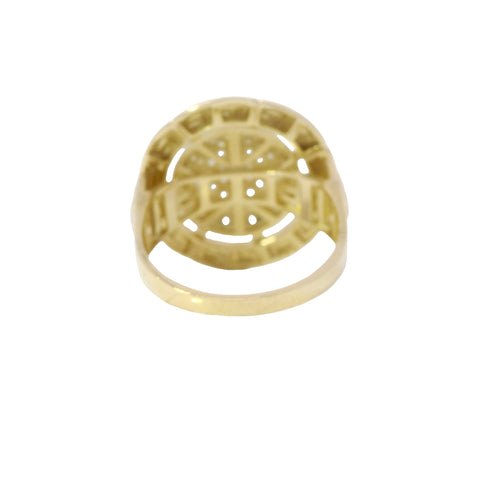 14KT Gold Ring Women's White CZ Stone Dome Center with Greek Border and Embossed Medusa on Side of Band