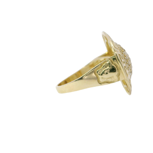 14KT Gold Ring Women's White CZ Stone Dome Center with Greek Border and Embossed Medusa on Side of Band