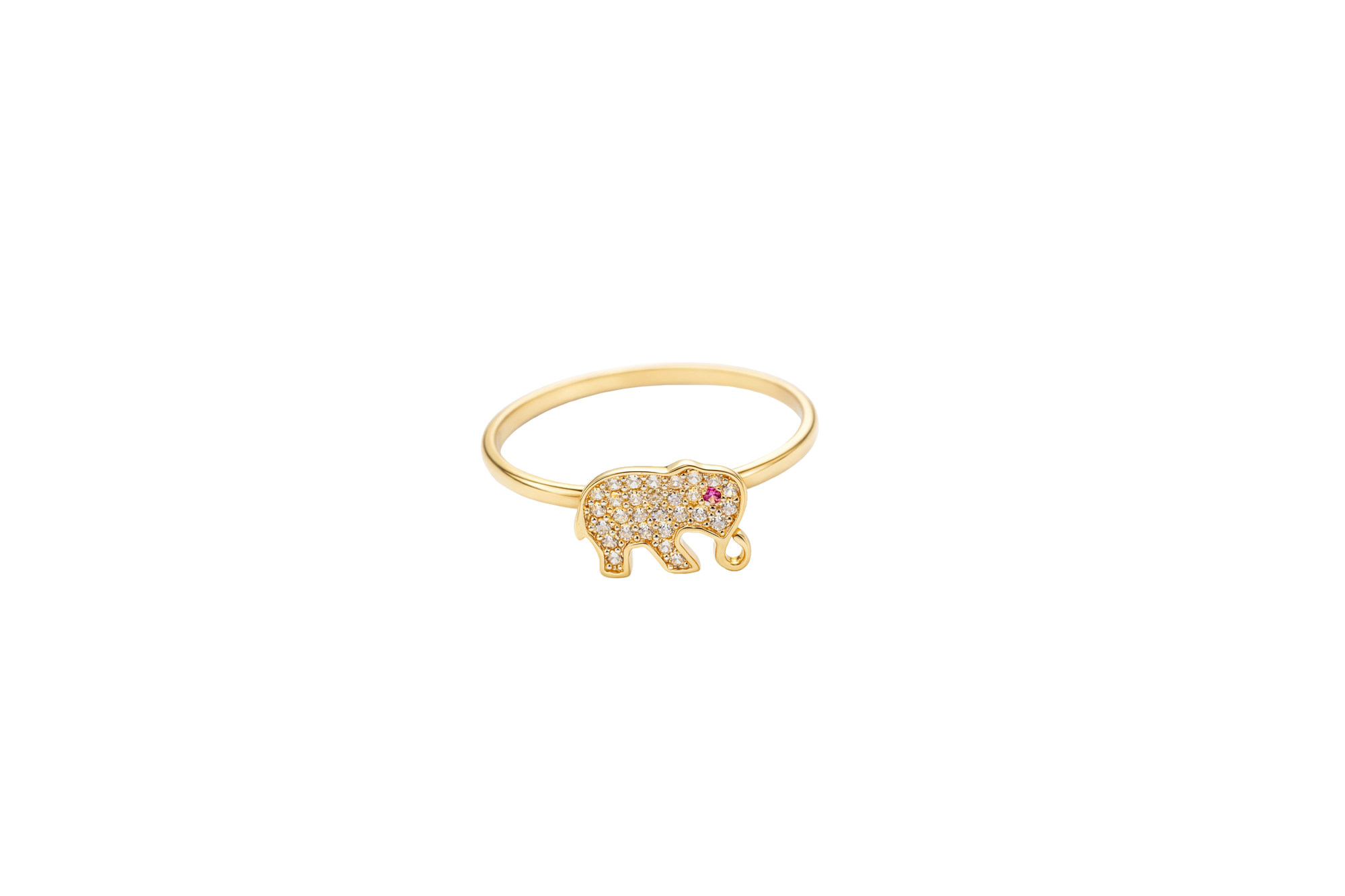 14KT Gold Ring Women's White CZ Stone Elephant with Plain Border and Dark Pink Eye Plain Band