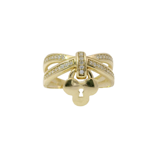 14KT Gold Ring Women's White CZ Stones Infinity Bow with Club Shape Hanging Lock
