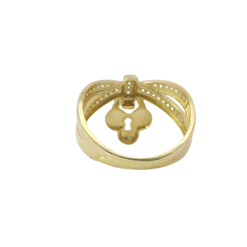 14KT Gold Ring Women's White CZ Stones Infinity Bow with Club Shape Hanging Lock