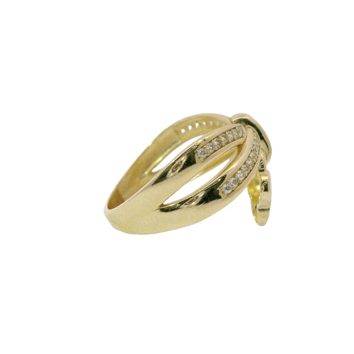 14KT Gold Ring Women's White CZ Stones Infinity Bow with Club Shape Hanging Lock