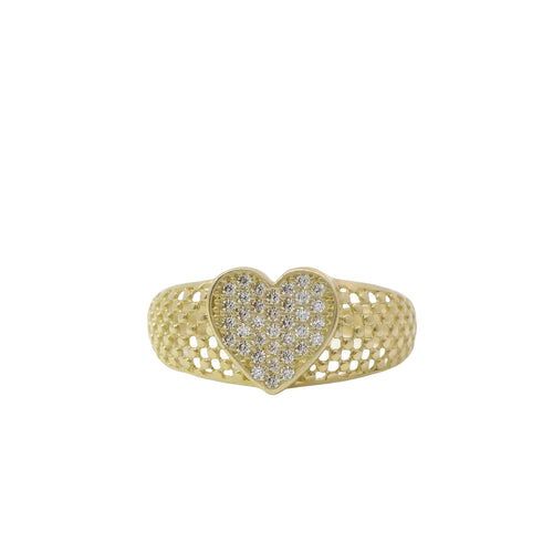 14KT Gold Ring Women's White CZ Stones Heart Shape Cluster Center with Plain Borders and Honeycomb Mesh Band